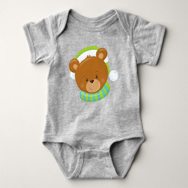 Winter Bear, Cute Bear, Brown Bear, Bear With Hat Baby Bodysuit (Front)
