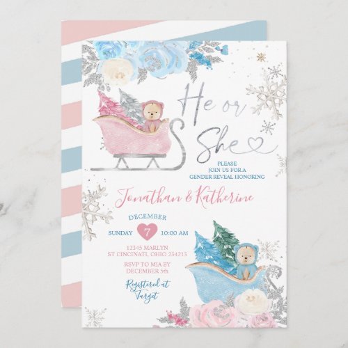 Winter Bear Gender Reveal He or She Snowflakes Inv Invitation