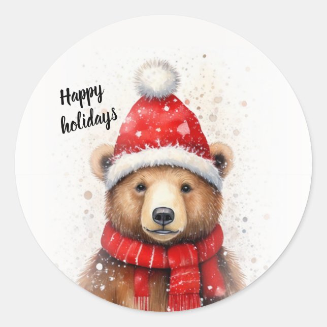 Winter Bear in a Cozy Red Hat  Classic Round Sticker (Front)