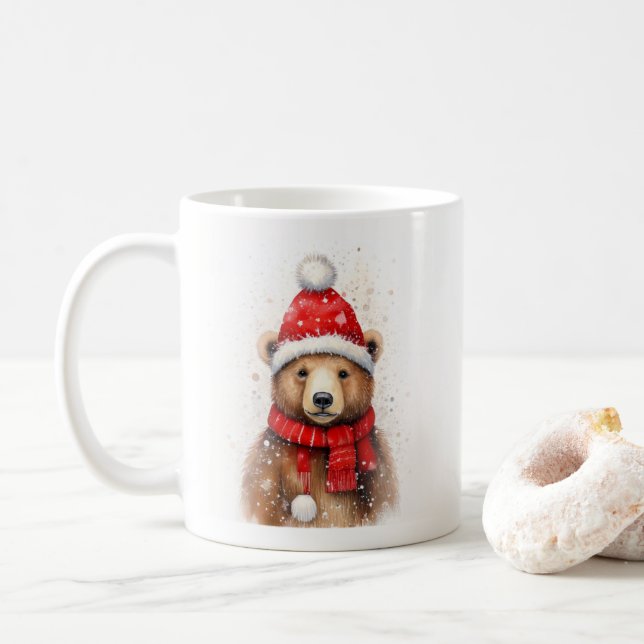 Winter Bear in a Cozy Red Hat  Coffee Mug (With Donut)