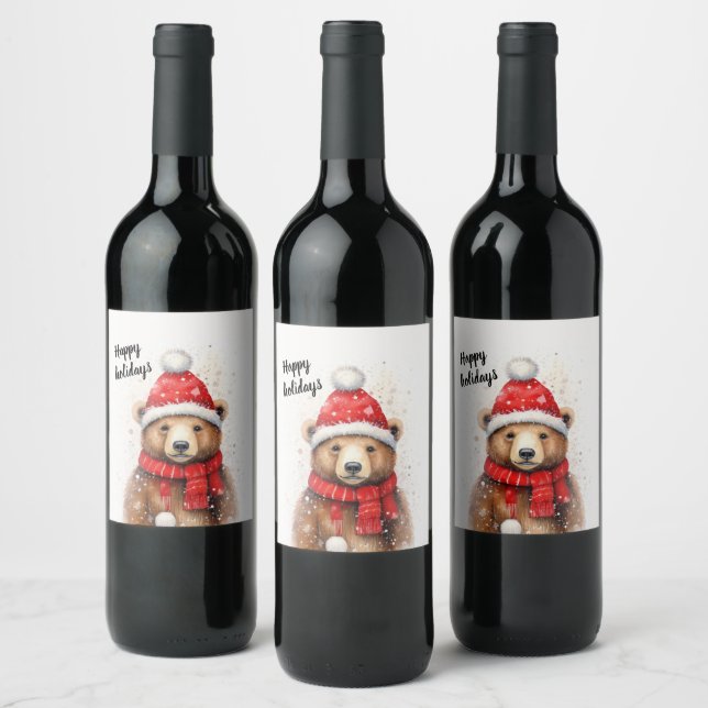 Winter Bear in a Cozy Red Hat  Wine Label (Bottles)