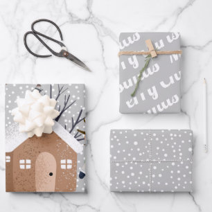 Winter bear, Merry Christmas and snowflakes Wrapping Paper Sheets
