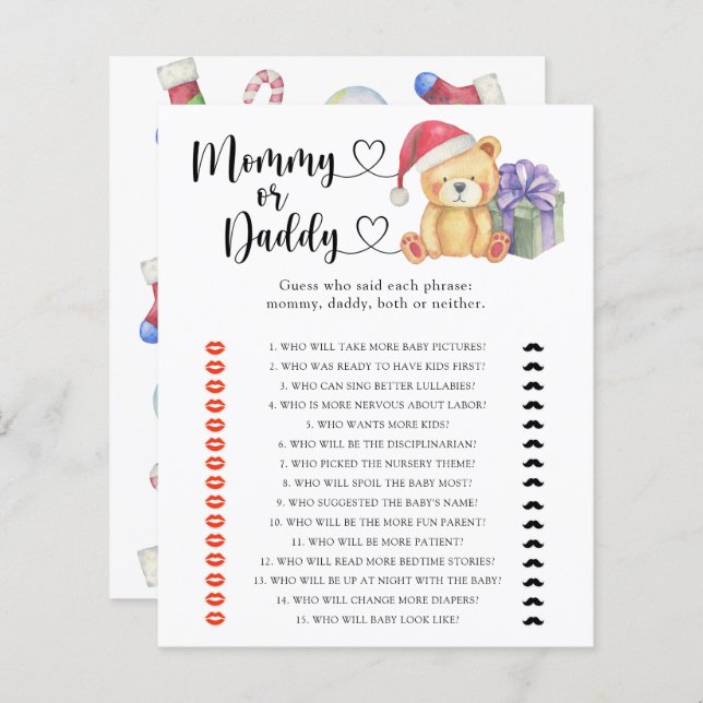 Winter bear - mommy or daddy baby shower game (Front/Back)