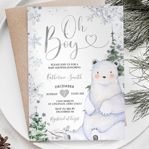 Winter Bear Oh Baby Shower Silver Snowflakes Invitation
