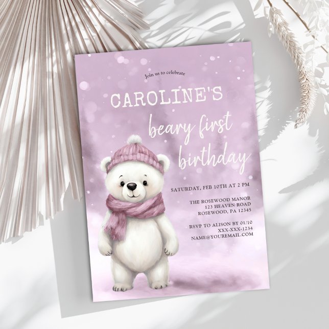 Winter Bear Pink Baby Girl First Birthday Invitation (Creator Uploaded)