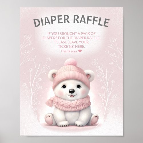 Winter Bear Pink Baby Shower Diaper Raffle Sign