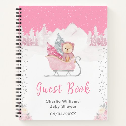 Winter Bear Pink Sleigh Baby Shower Guest Book