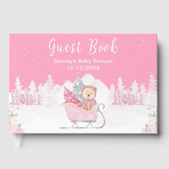 Winter Bear Pink Sleigh Baby Shower Guest Book (Front)