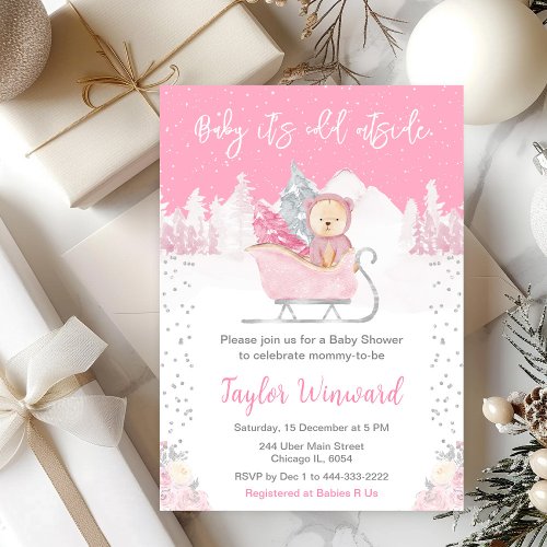 Winter Bear Pink Sleigh Baby Shower Invitation