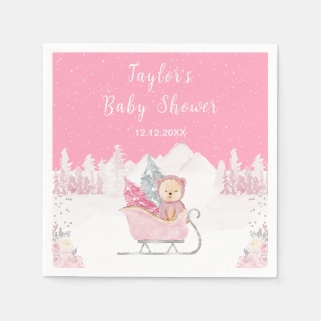 Winter Bear Pink Sleigh Baby Shower Napkins (Front)
