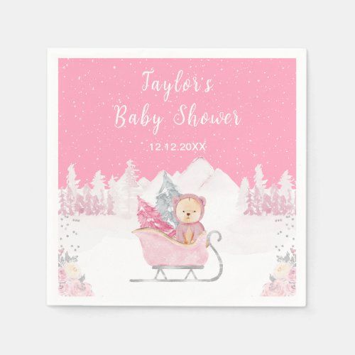 Winter Bear Pink Sleigh Baby Shower Napkins