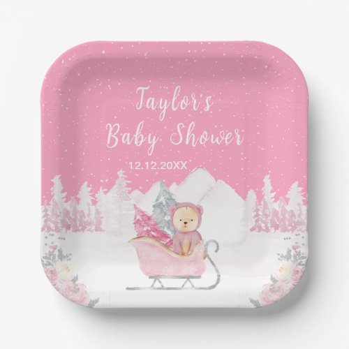 Winter Bear Pink Sleigh Baby Shower Paper Plates