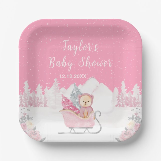 Winter Bear Pink Sleigh Baby Shower Paper Plates (Front)