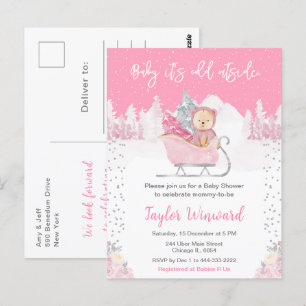 Winter Bear Pink Sleigh Baby Shower Postcard