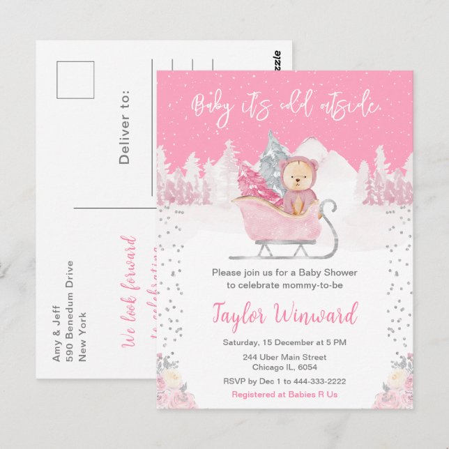 Winter Bear Pink Sleigh Baby Shower Postcard (Front/Back)