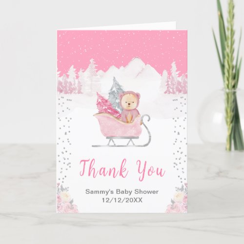 Winter Bear Pink Sleigh Baby Shower Thank You