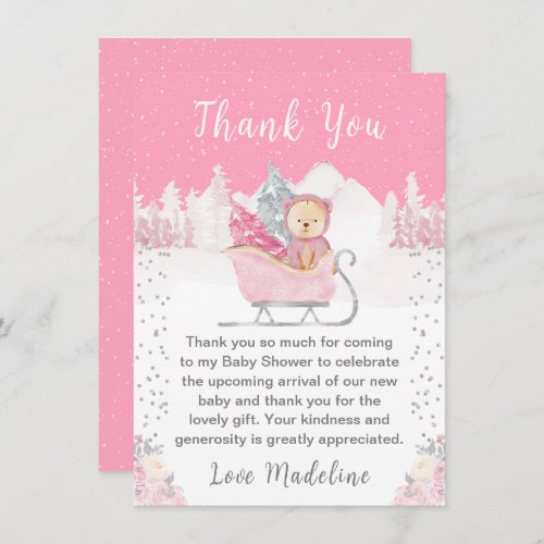 Winter Bear Pink Sleigh Baby Shower Thank You Card