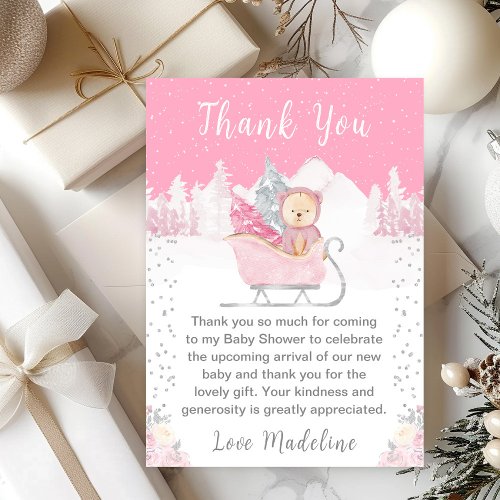 Winter Bear Pink Sleigh Baby Shower Thank You Card