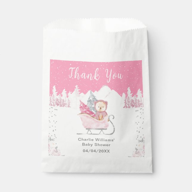 Winter Bear Pink Sleigh Baby Shower Thank You Favor Bag (Front)