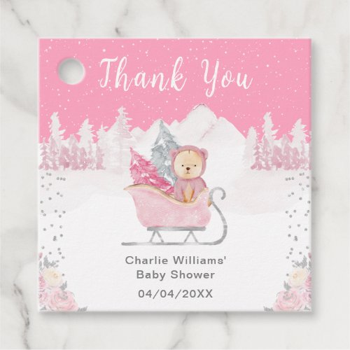 Winter Bear Pink Sleigh Baby Shower Thank You Favor Tags