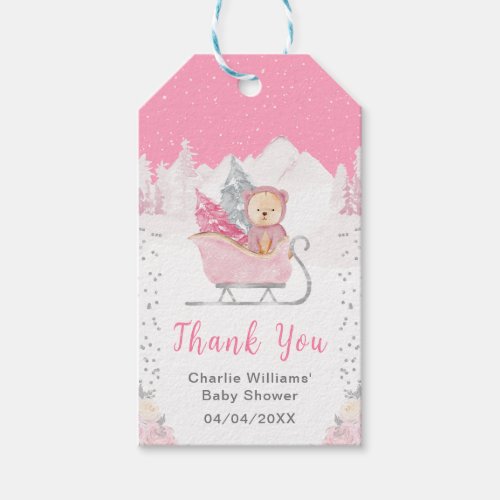 Winter Bear Pink Sleigh Baby Shower Thank You Gift Tags