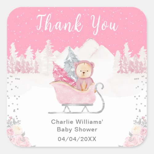 Winter Bear Pink Sleigh Baby Shower Thank You Square Sticker