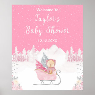Winter Bear Pink Sleigh Baby Shower Welcome Poster