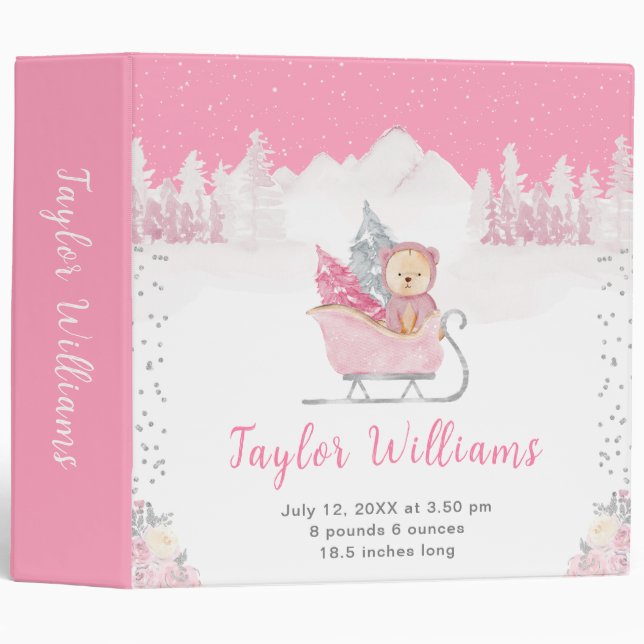 Winter Bear Pink Sleigh Birth Statistics 3 Ring Binder (Front/Spine)