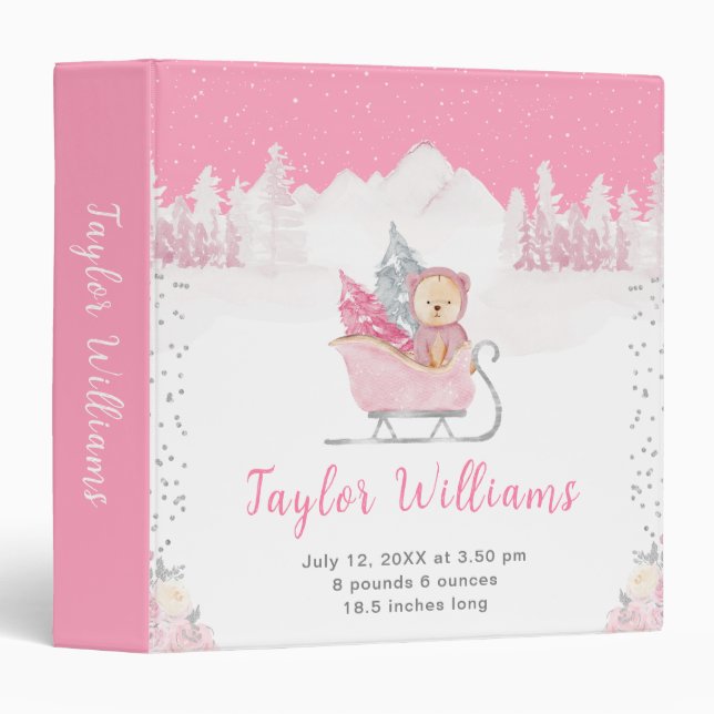 Winter Bear Pink Sleigh Birth Statistics 3 Ring Binder (Front/Spine)