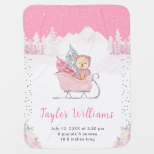 Winter Bear Pink Sleigh Birth Statistics Baby Blanket