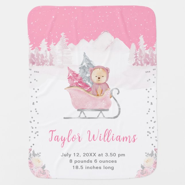 Winter Bear Pink Sleigh Birth Statistics Baby Blanket (Front)