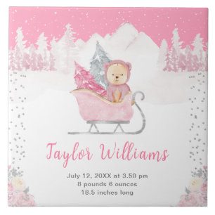 Winter Bear Pink Sleigh Birth Statistics Ceramic Tile