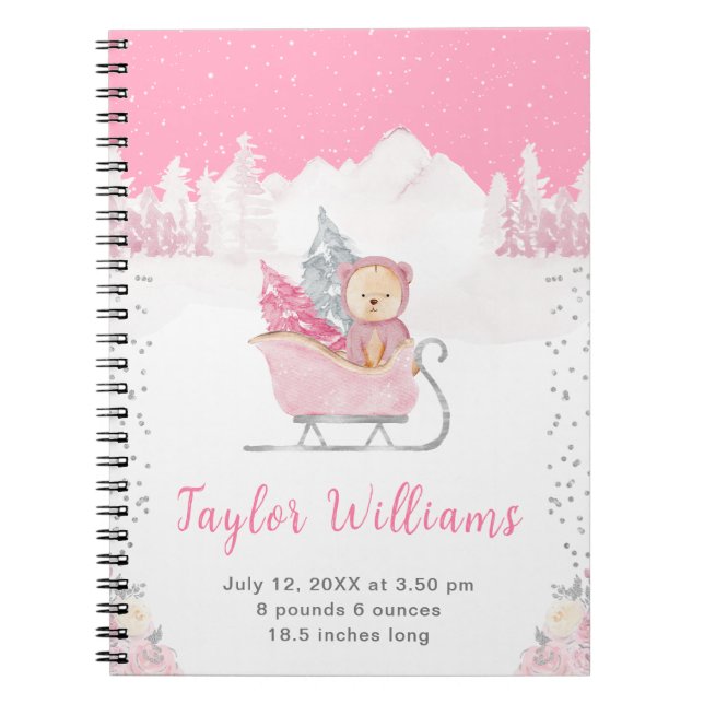 Winter Bear Pink Sleigh Birth Statistics Notebook (Front)