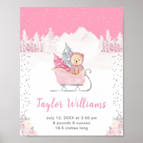 Winter Bear Pink Sleigh Birth Statistics Poster