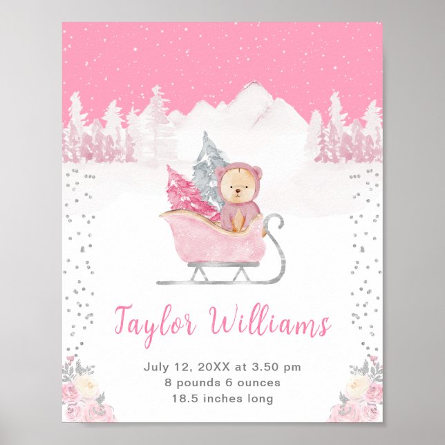 Winter Bear Pink Sleigh Birth Statistics Poster (Front)