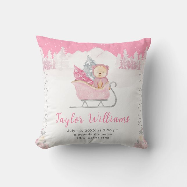 Winter Bear Pink Sleigh Birth Statistics Throw Pillow (Front)