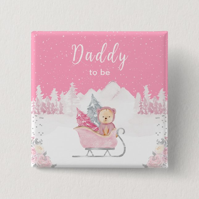 Winter Bear Pink Sleigh Daddy To Be Button (Front)
