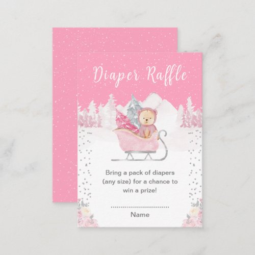 Winter Bear Pink Sleigh Diaper Raffle Enclosure Card