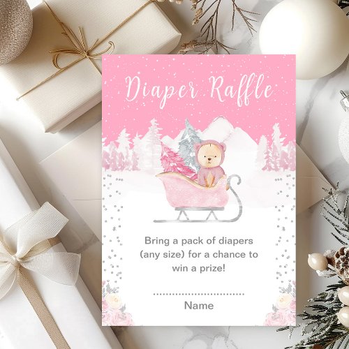 Winter Bear Pink Sleigh Diaper Raffle Enclosure Card