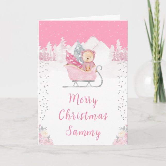Winter Bear Pink Sleigh Merry Christmas Holiday Card (Front)
