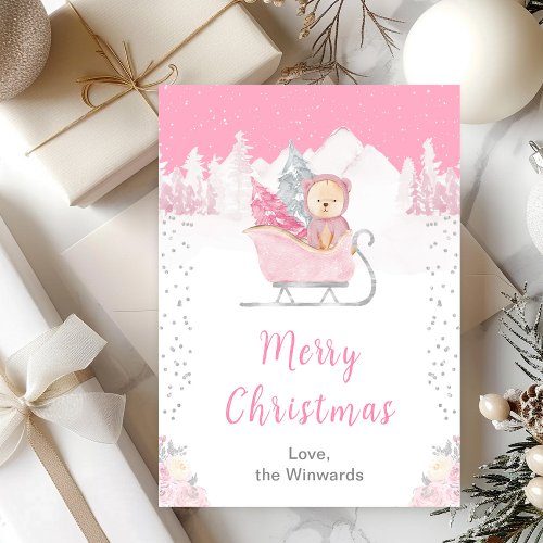 Winter Bear Pink Sleigh Merry Christmas Holiday Card