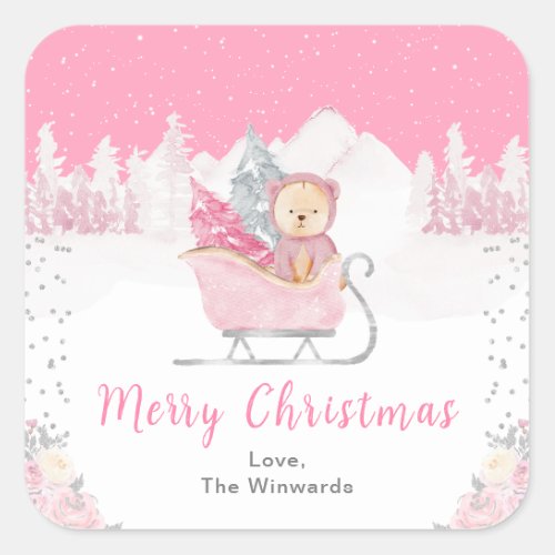 Winter Bear Pink Sleigh Merry Christmas Square Sticker