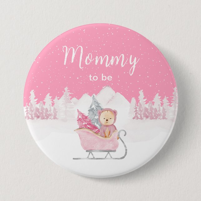 Winter Bear Pink Sleigh Mommy To Be Button (Front)
