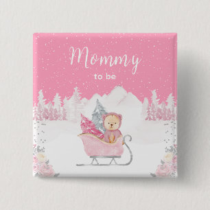 Winter Bear Pink Sleigh Mommy To Be Button