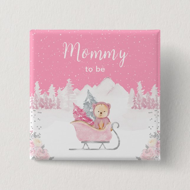 Winter Bear Pink Sleigh Mommy To Be Button (Front)