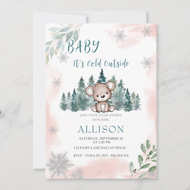 Winter Bear Snowflakes Pink  Baby Shower  Invitation (Front)