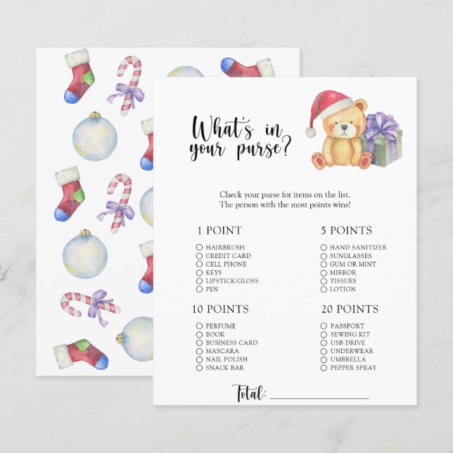 Winter bear - Whats in your purse baby shower game (Front/Back)