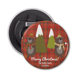 Winter Bear White Christmas Red Buffalo Plaid  Bottle Opener