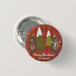 Winter Bear White Christmas Red Buffalo Plaid   Button