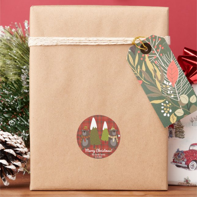 Winter Bear White Christmas Red Buffalo Plaid Classic Round Sticker (Holiday)